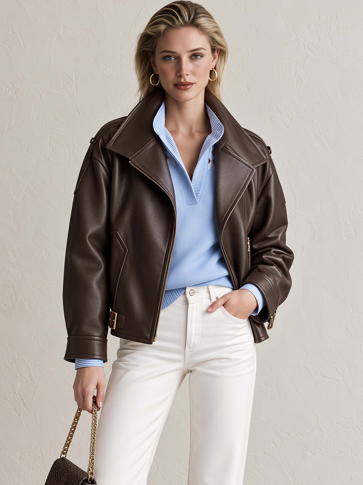 Dark Brown Lapel Buckle Cropped Faux Leather Jacket