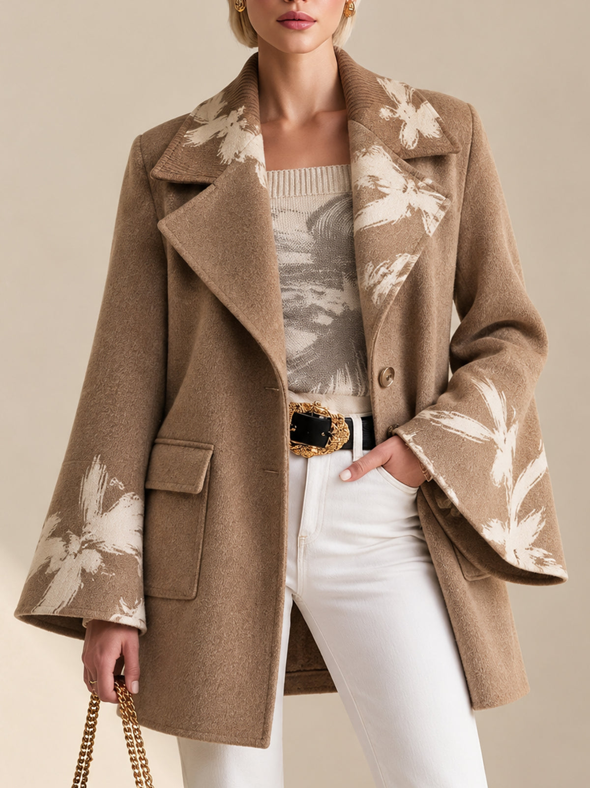 Camel Floral Print Wool-Blend Coat With Oversized Notched Lapels