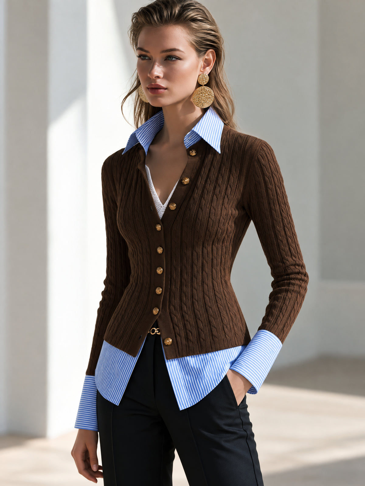 Cable Knit Wool Blend Faux Two-Piece Cardigan