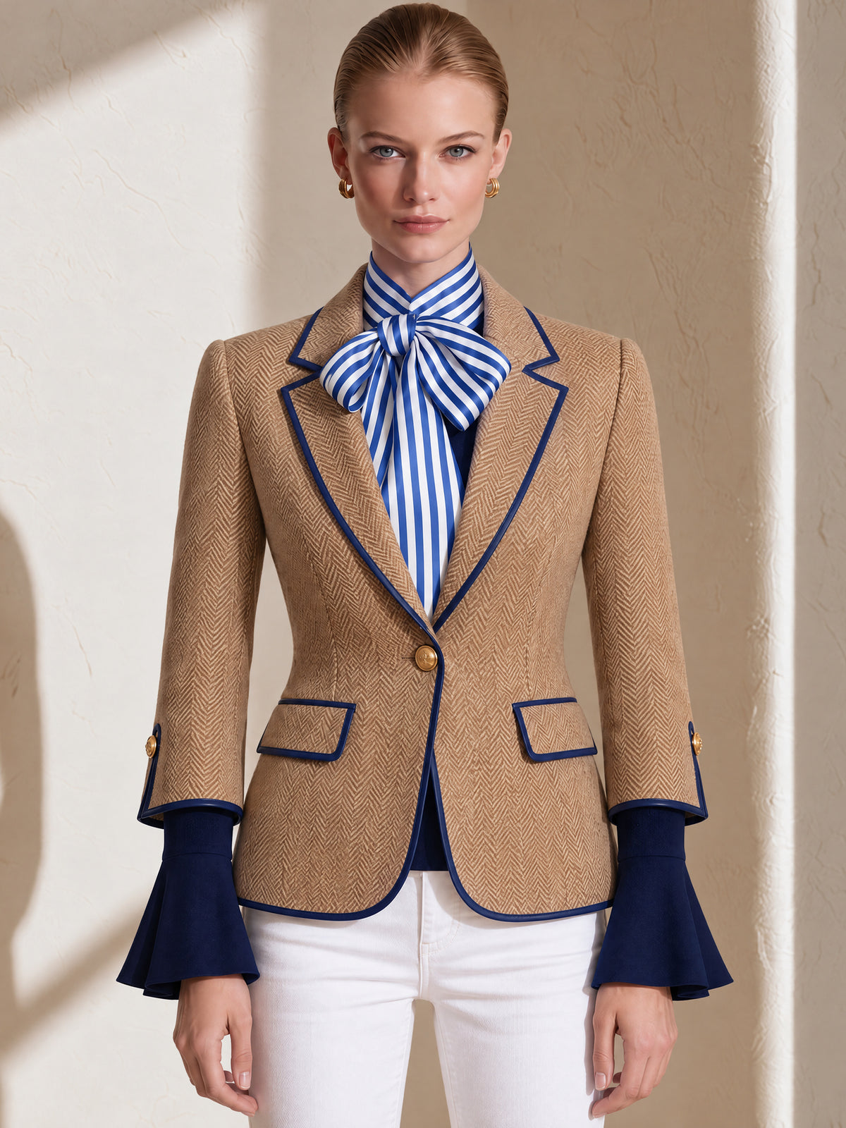 Camel Herringbone Blazer With Navy Contrast Piping And Gold Buttons