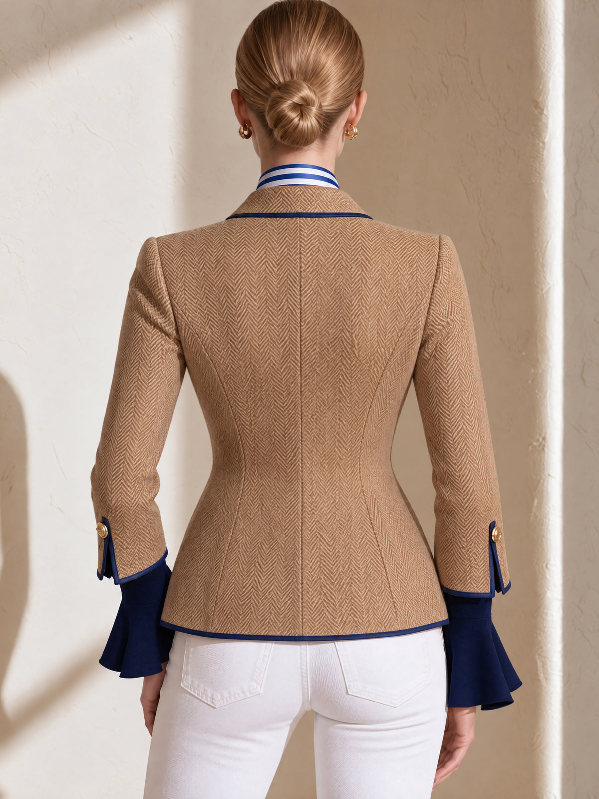 Camel Herringbone Blazer With Navy Contrast Piping And Gold Buttons