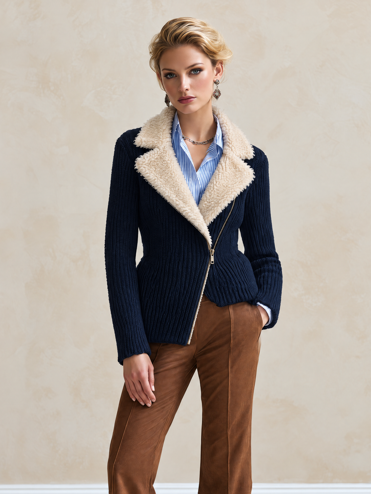 Elegant Navy Shearling-Collar Wool Knit Cardigan