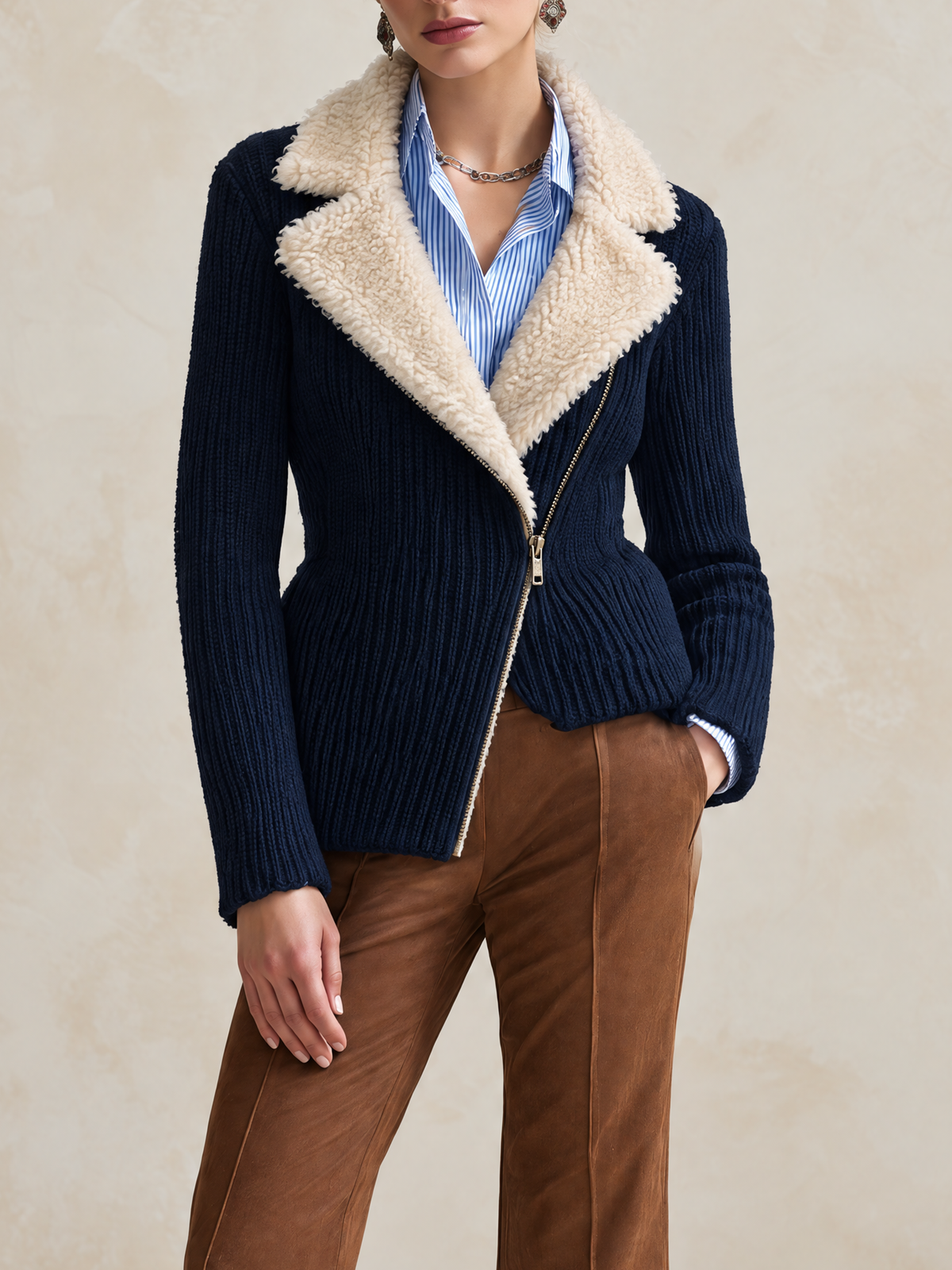 Elegant Navy Shearling-Collar Wool Knit Cardigan
