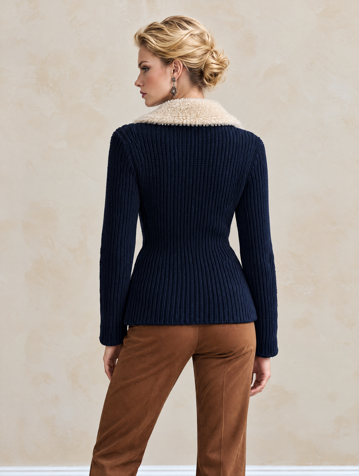 Elegant Navy Shearling-Collar Wool Knit Cardigan