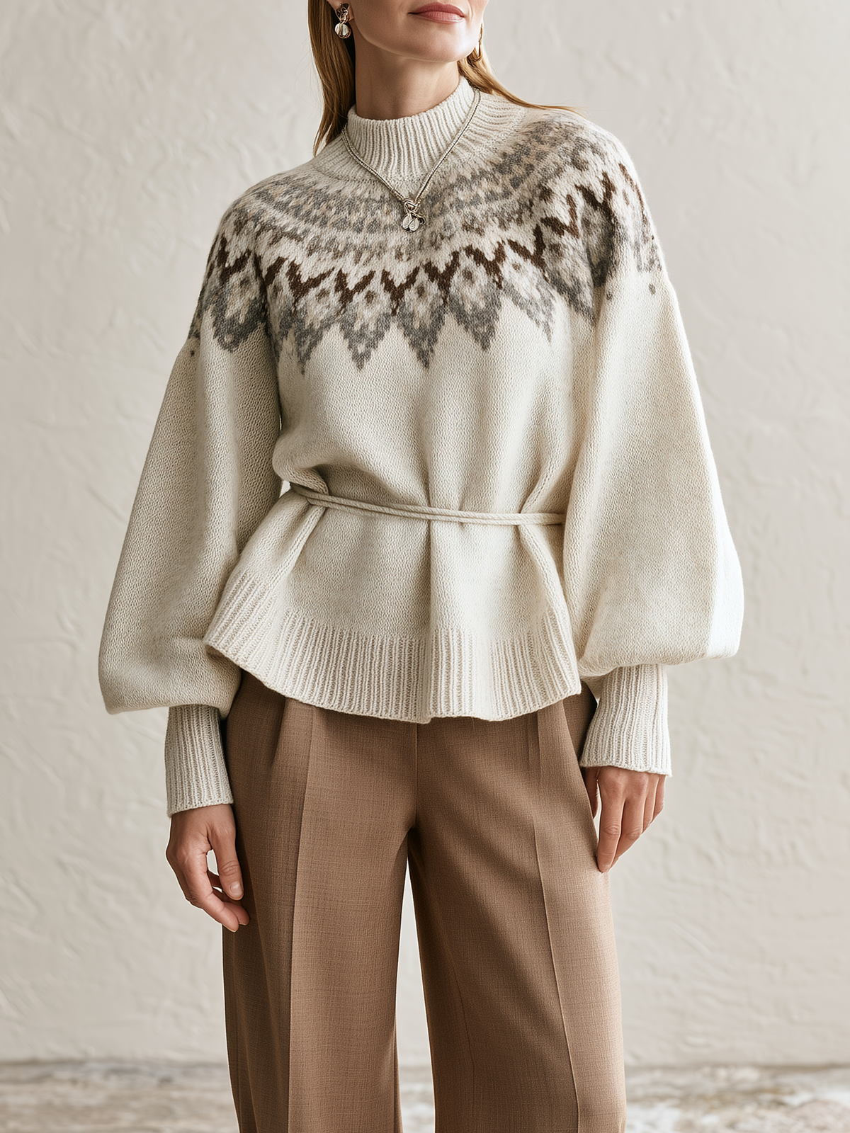 Elegant Ivory & Taupe Fair Isle Wool Knit Sweater