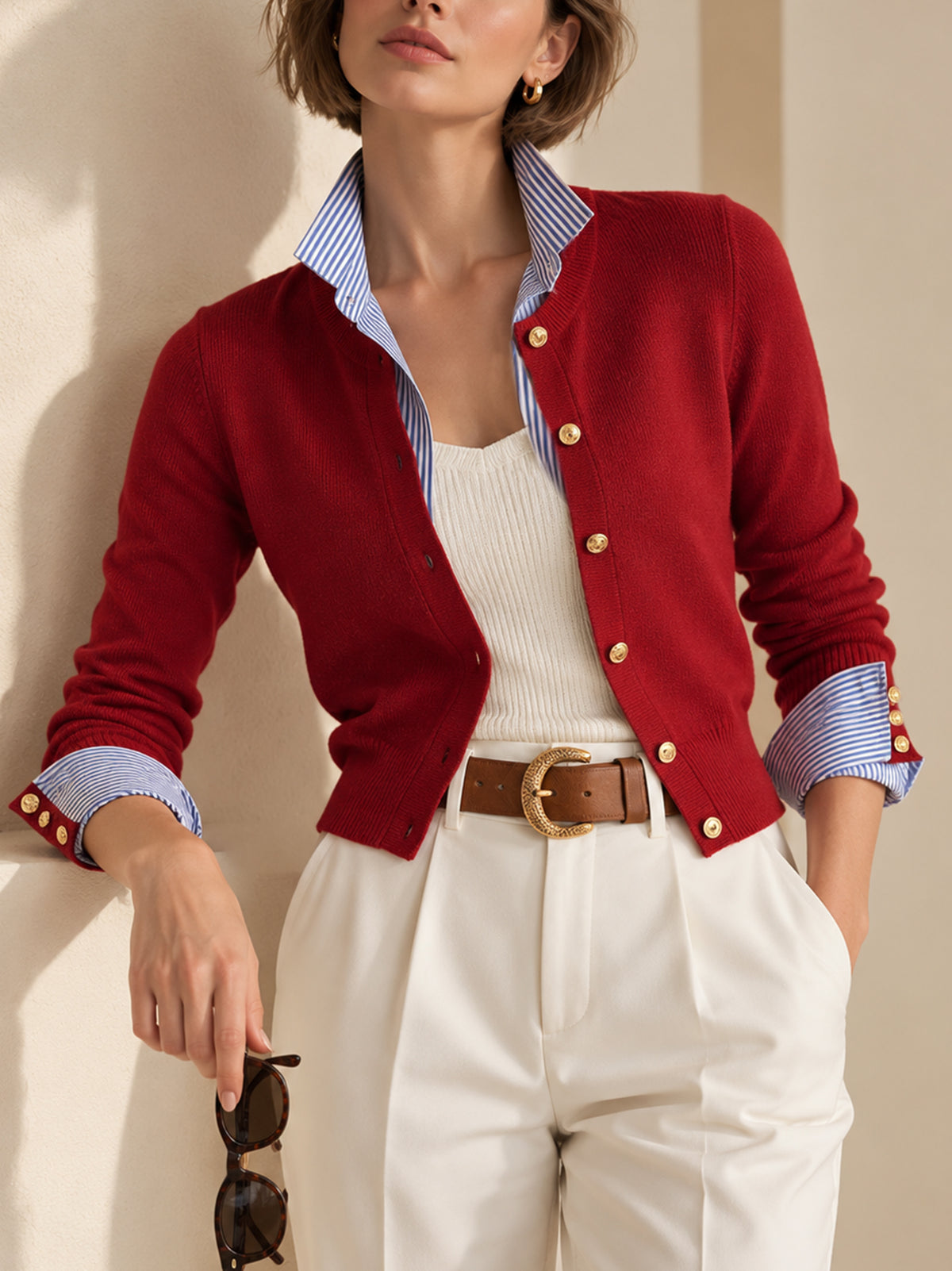 Red Cropped Knit Cardigan With A Blue-and-white Striped Collar