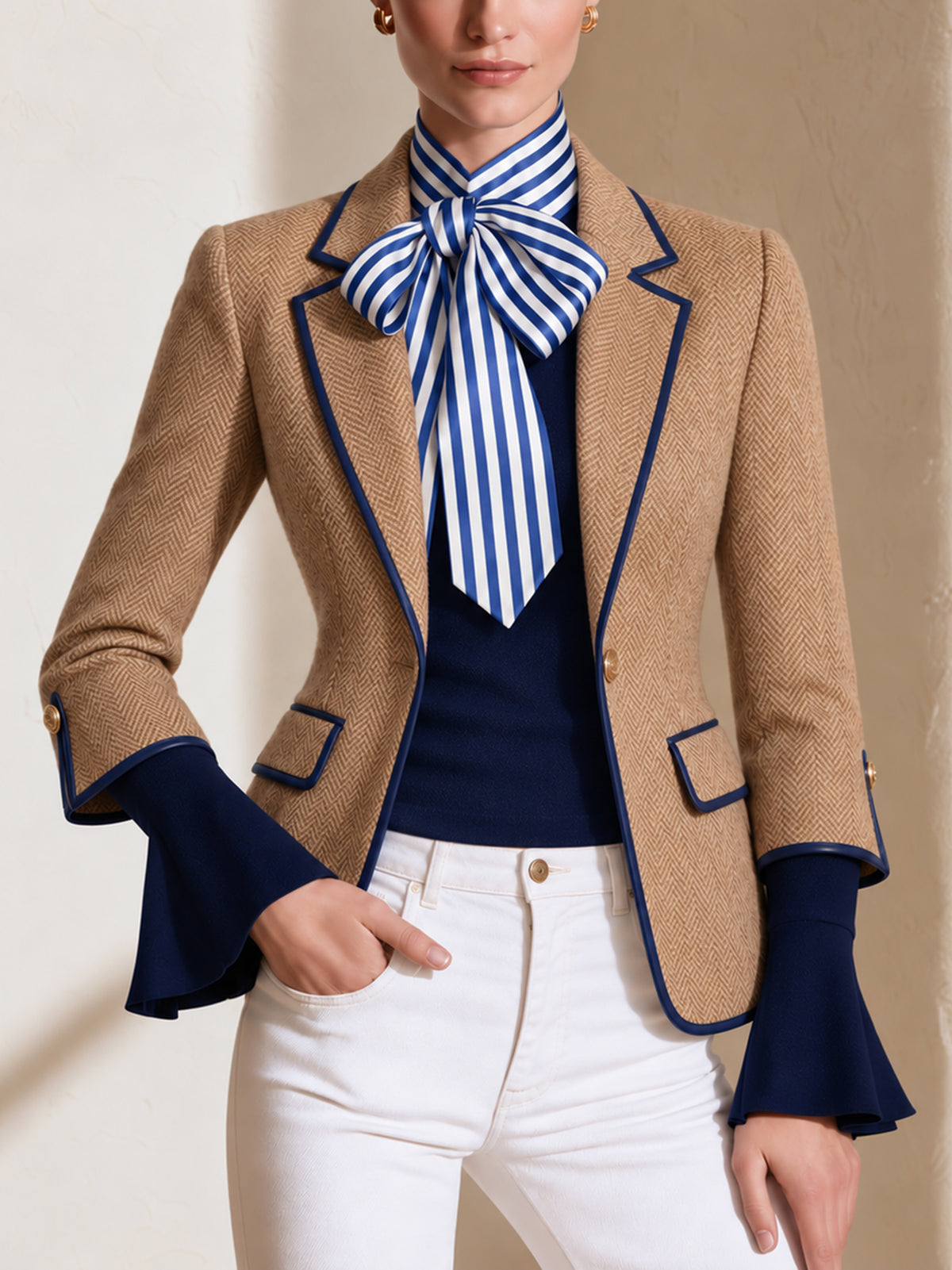 Camel Herringbone Blazer With Navy Contrast Piping And Gold Buttons
