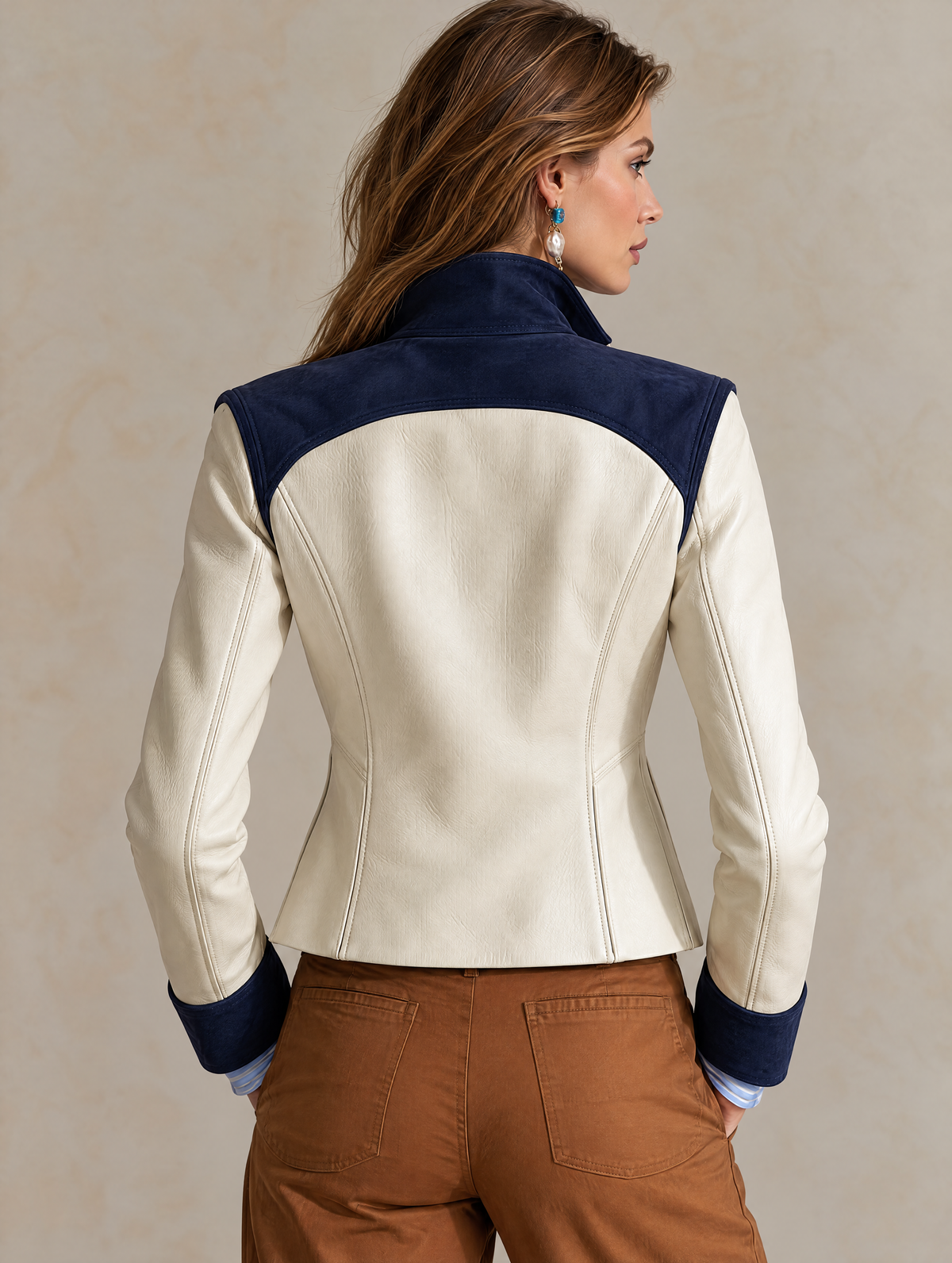 Elegant Ivory & Navy Contrast Leather Jacket