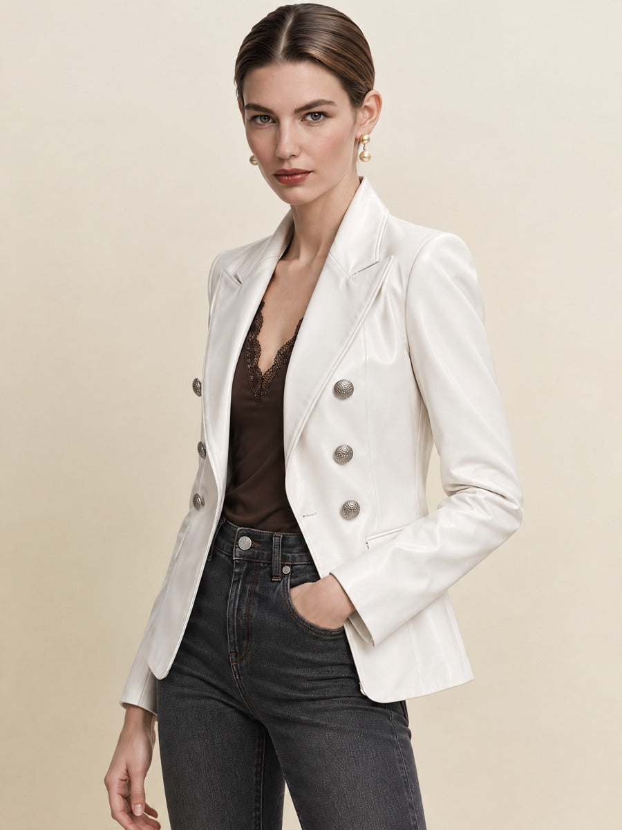 White Shiny Faux Leather Double Breasted Blazer