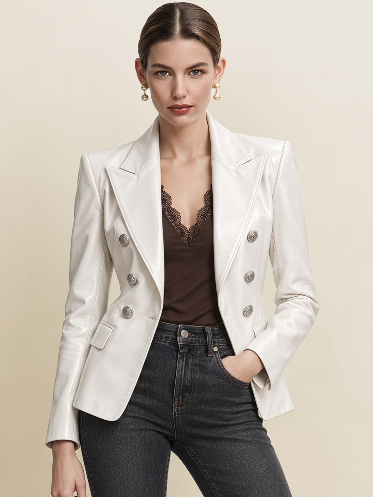 White Shiny Faux Leather Double Breasted Blazer