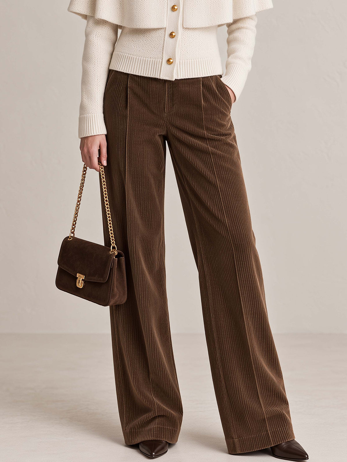 Deep Brown Textured High Waist Slimming Corduroy Wide Leg Pants