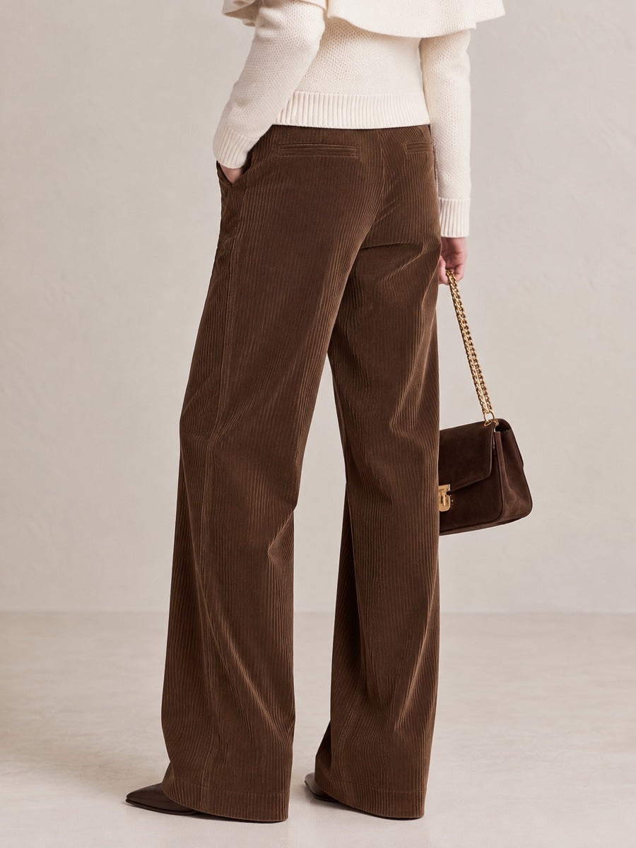 Deep Brown Textured High Waist Slimming Corduroy Wide Leg Pants