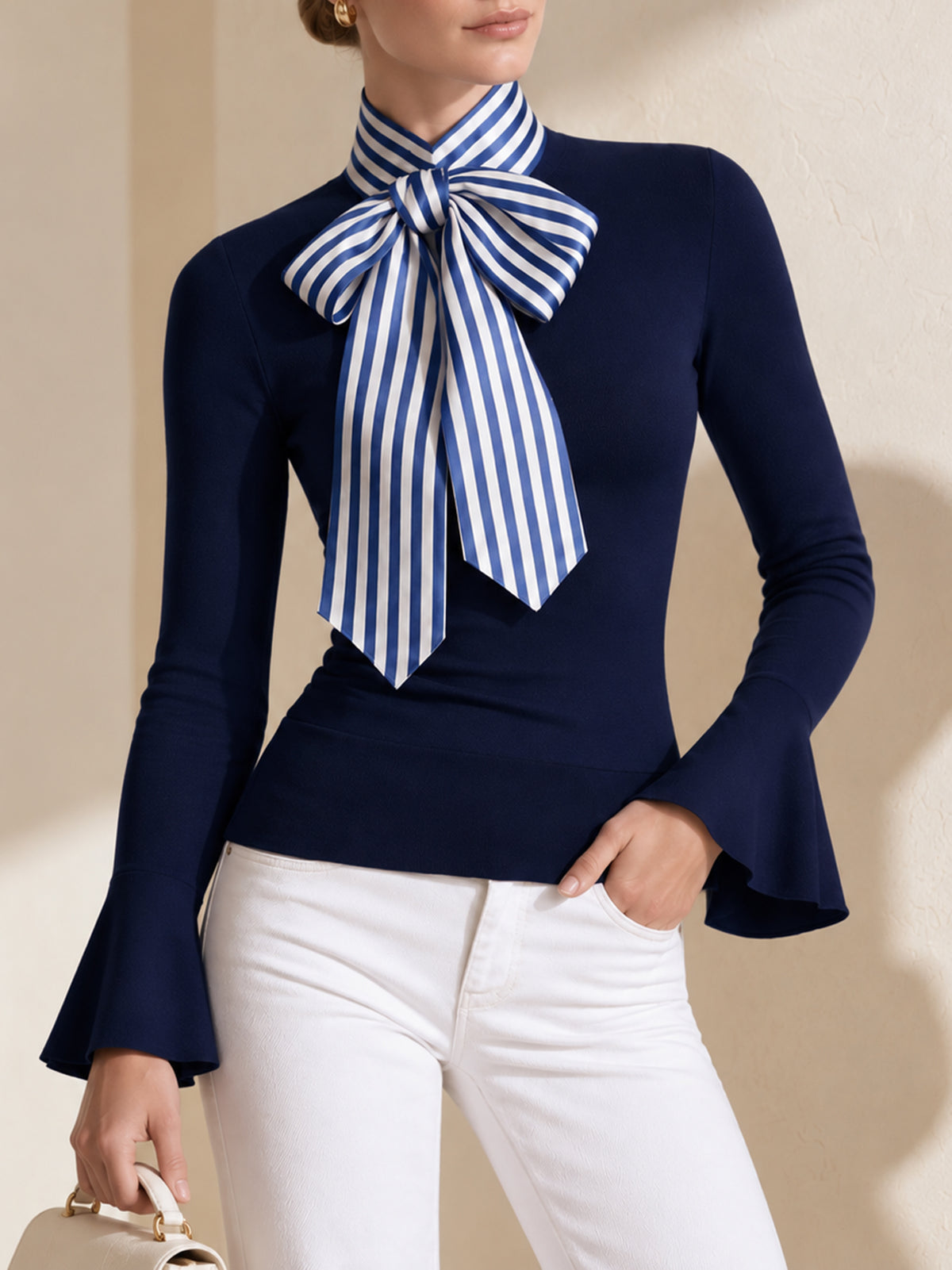 Blue-and-white Striped Bow Detail Navy Blue Sweater