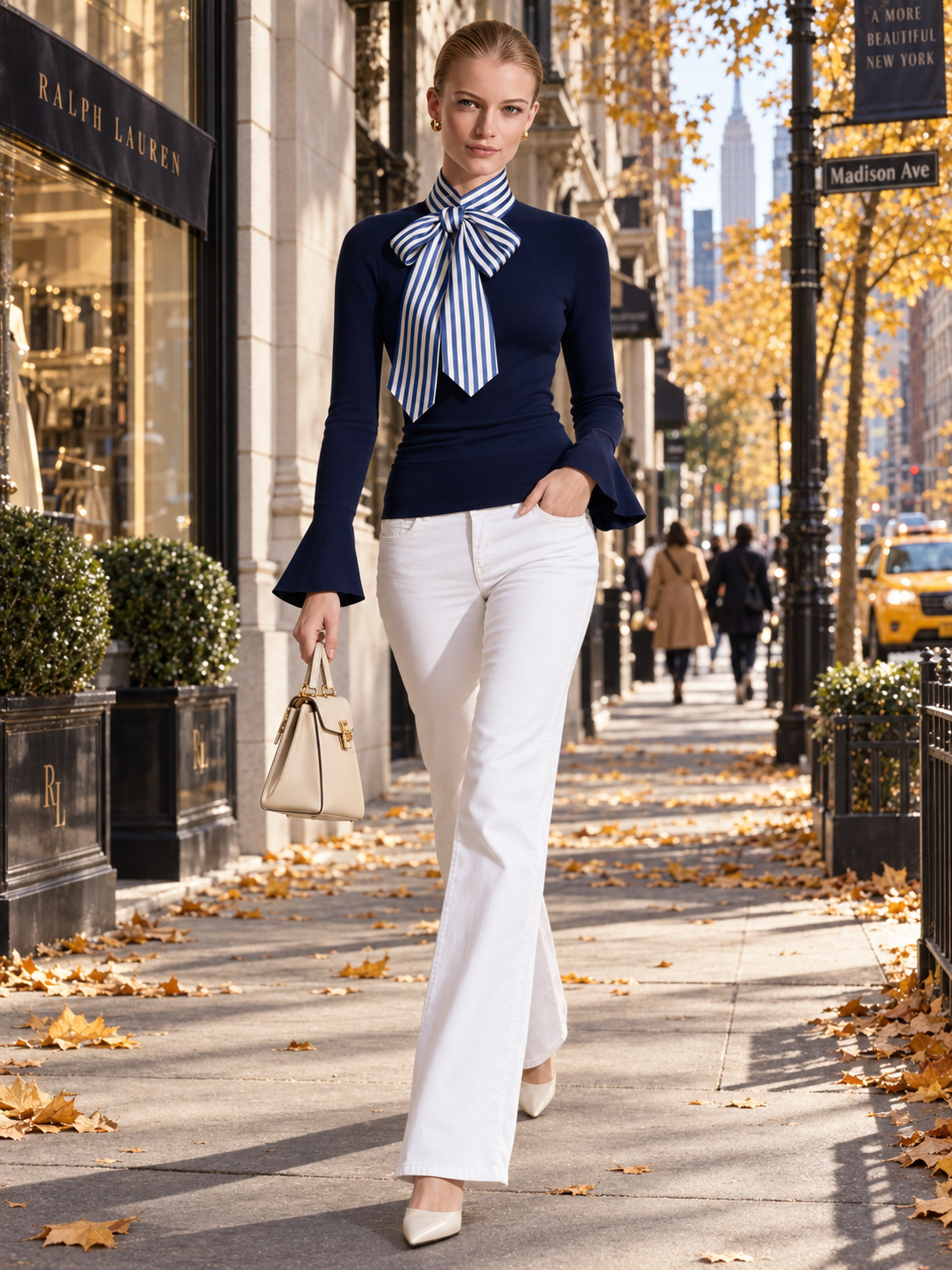 Blue-and-white Striped Bow Detail Navy Blue Sweater