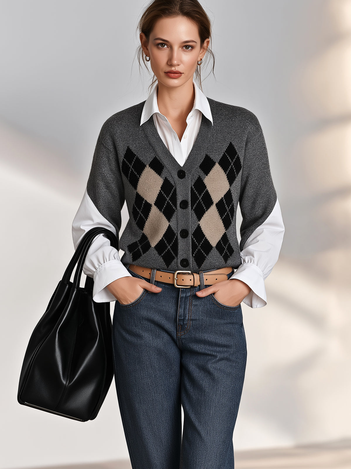 Argyle Wool Blend Faux Two-Piece Pullover Knitwear