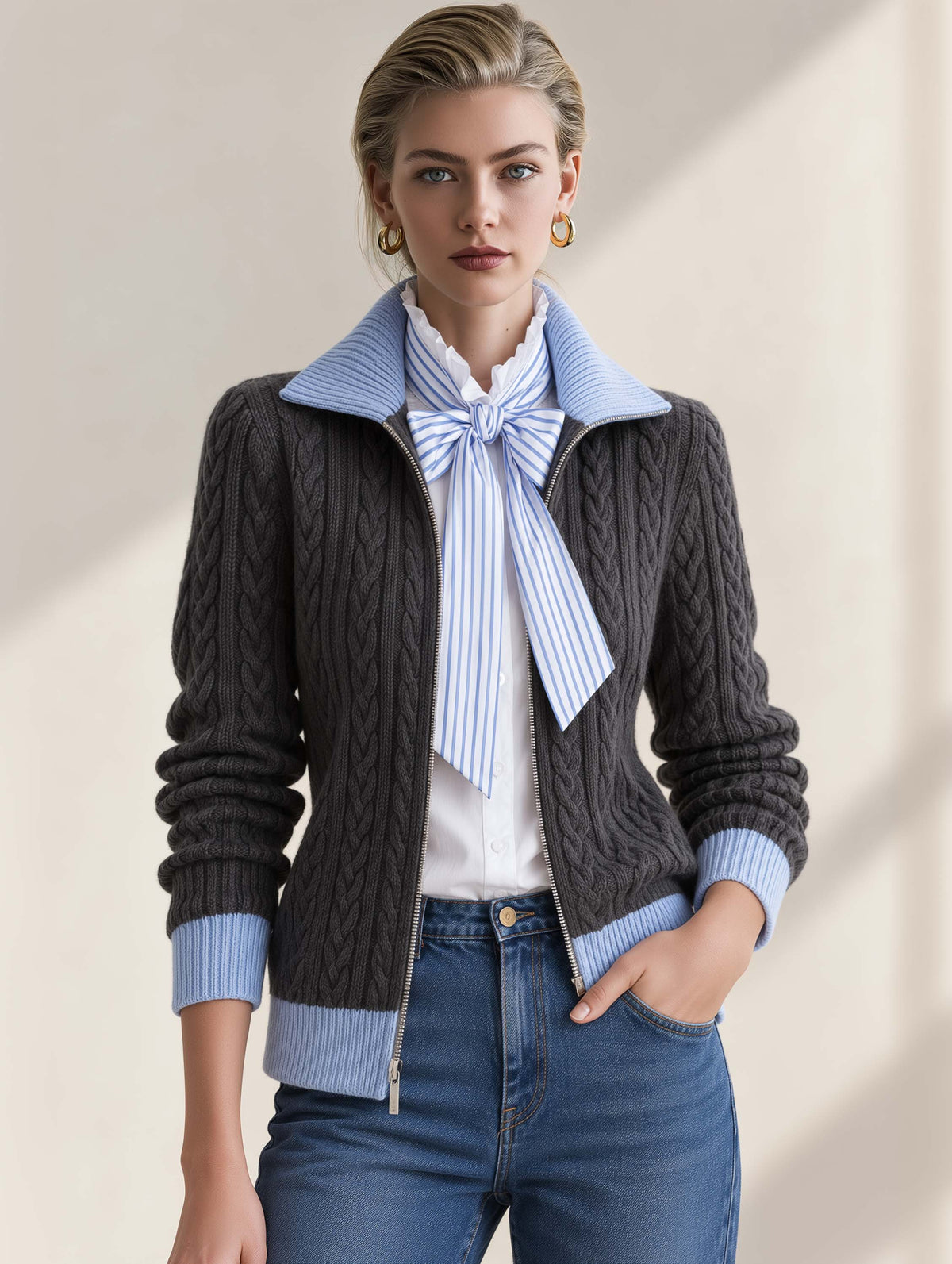 1. Dark Grey Contrast Light Blue Collar Zip Cable Knit Cardigan