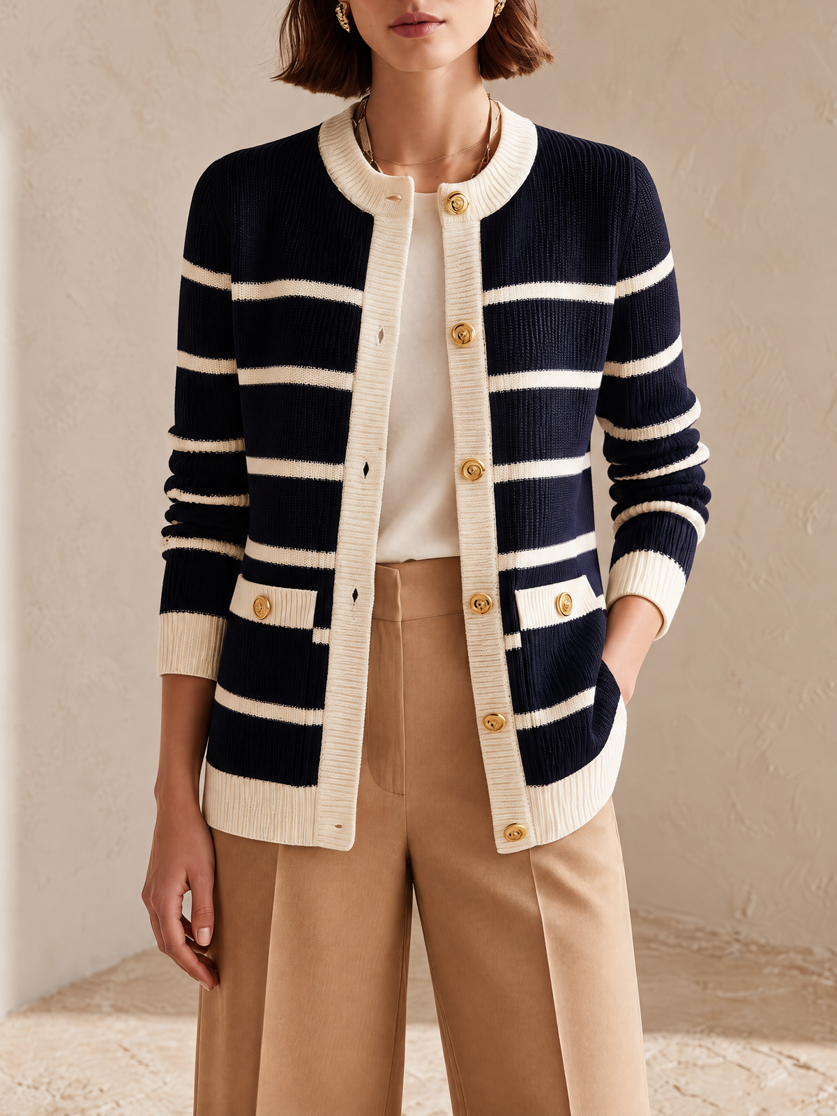 Elegant Navy & Ivory Striped Wool Knit Cardigan