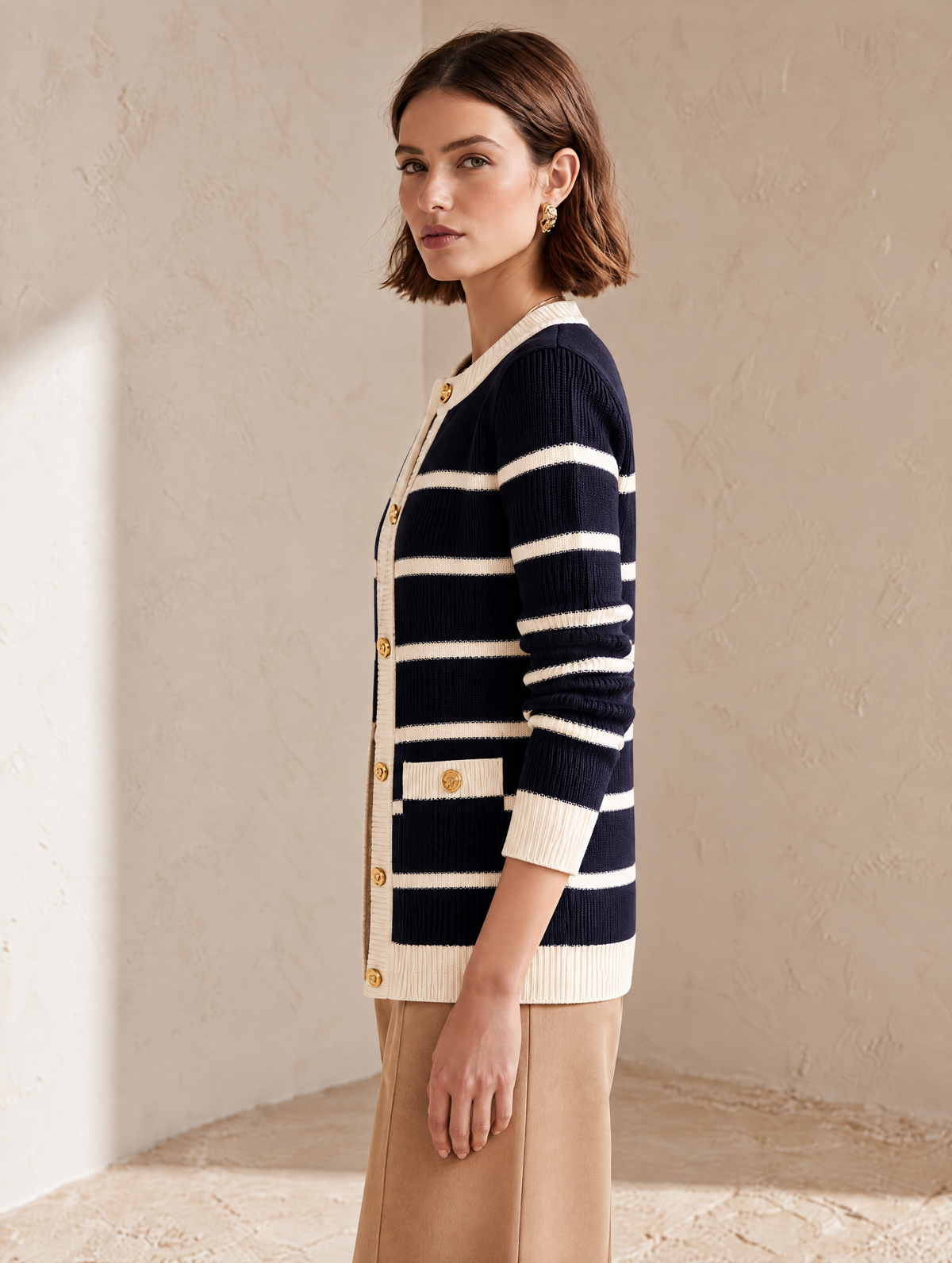 Elegant Navy & Ivory Striped Wool Knit Cardigan