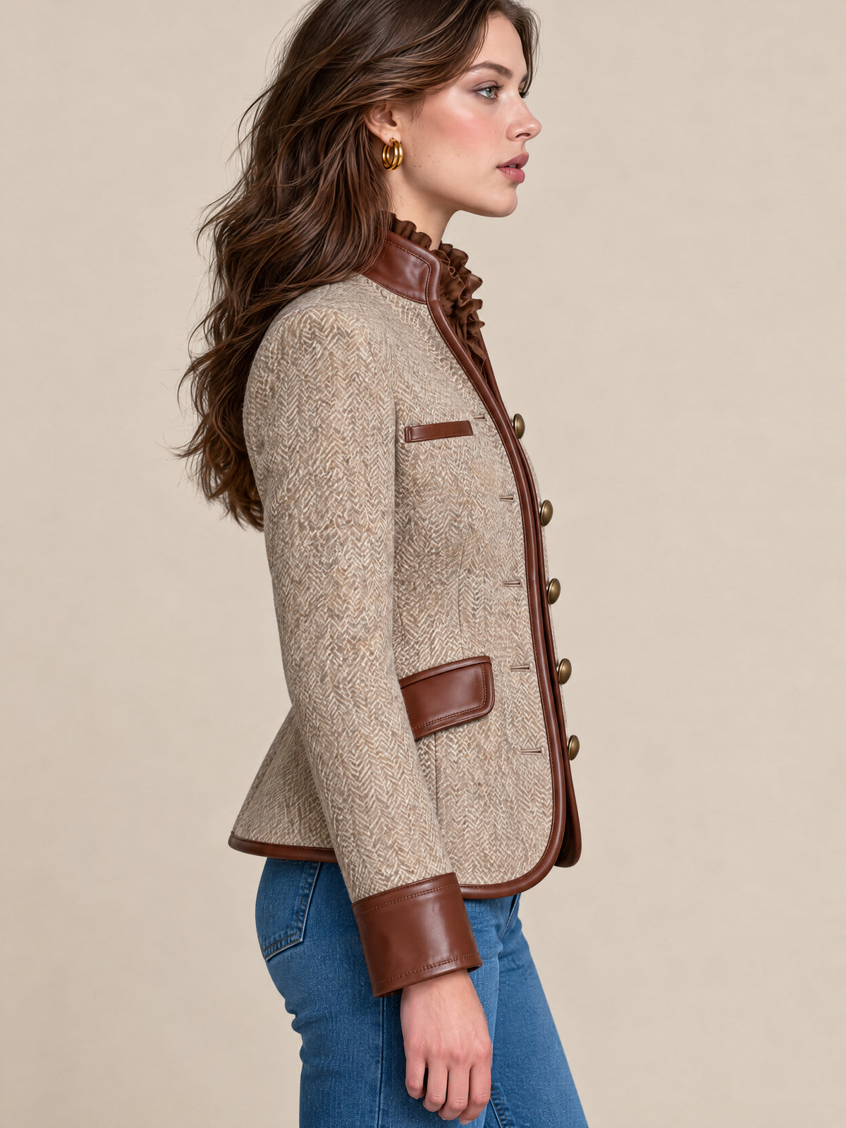 Brown Herringbone Suit With PU Leather Piping Trim