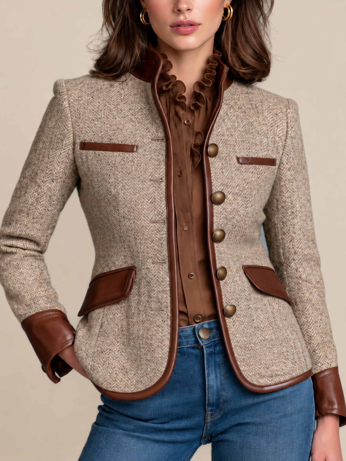 Brown Herringbone Suit With PU Leather Piping Trim