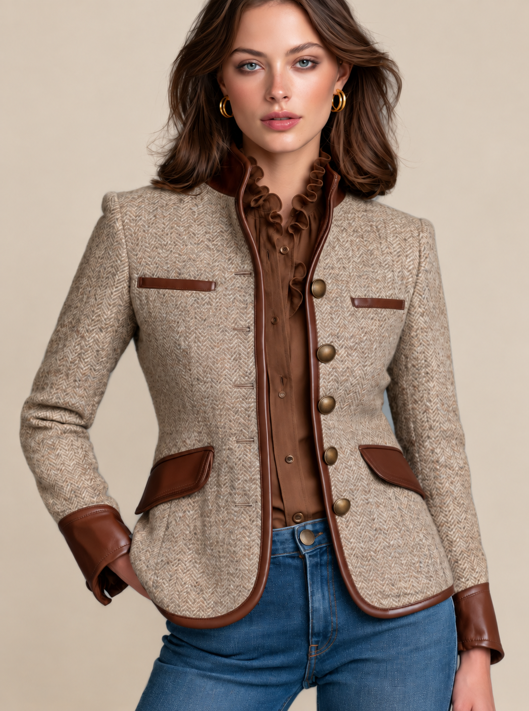 Brown Herringbone Suit With PU Leather Piping Trim