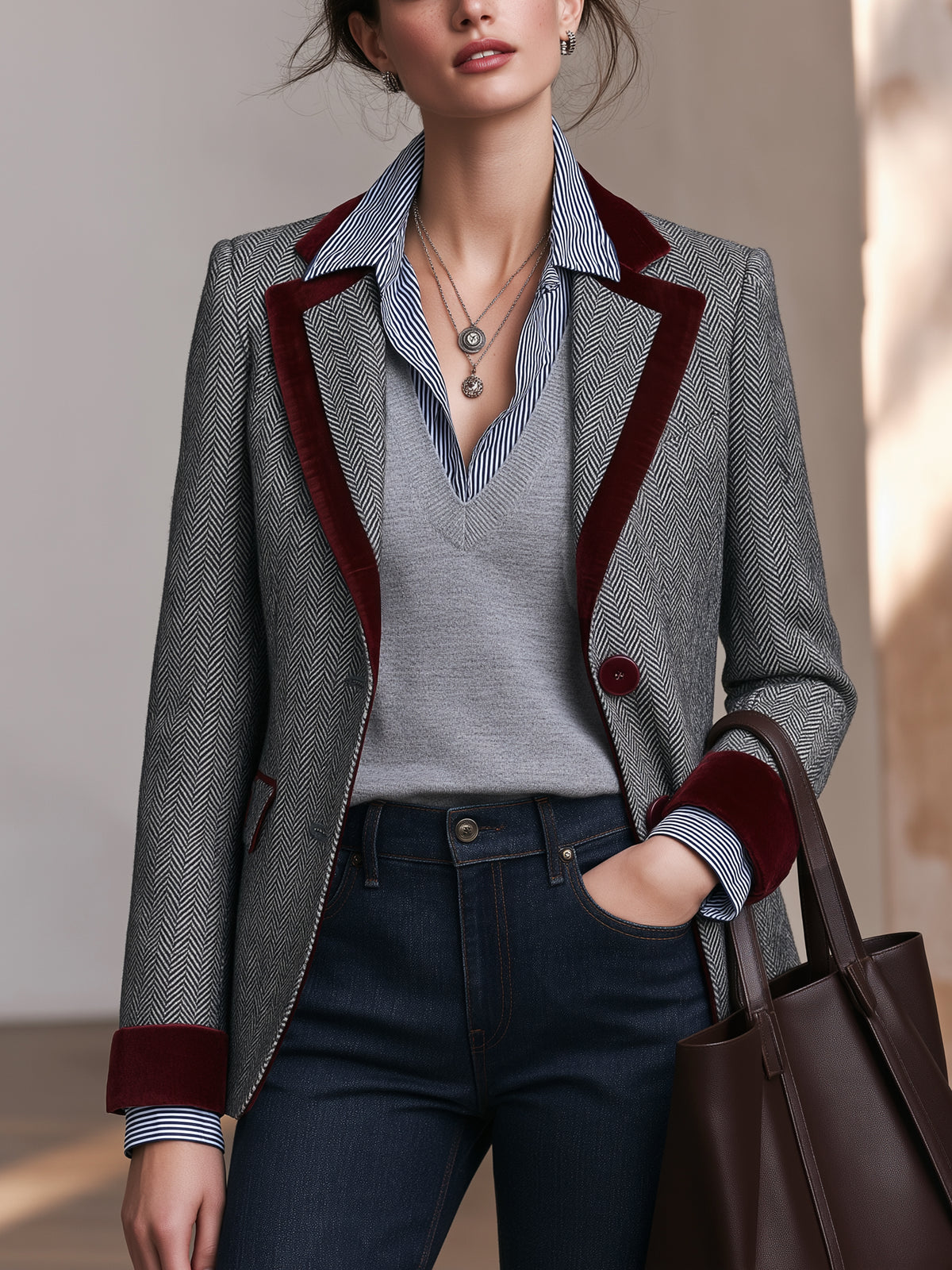 Herringbone Burgundy Velvet Contras Blazer Jacket