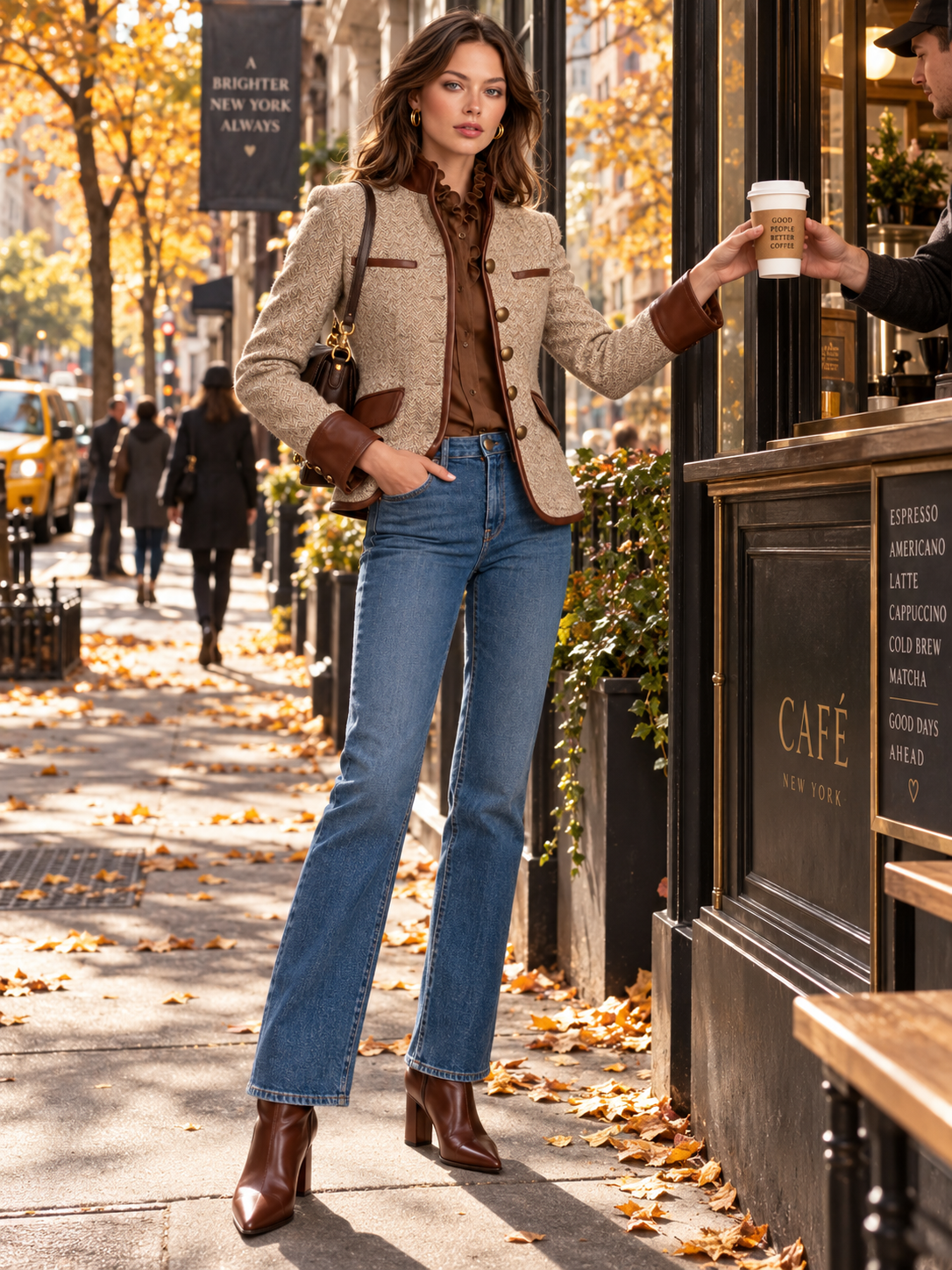 Brown Herringbone Suit With PU Leather Piping Trim