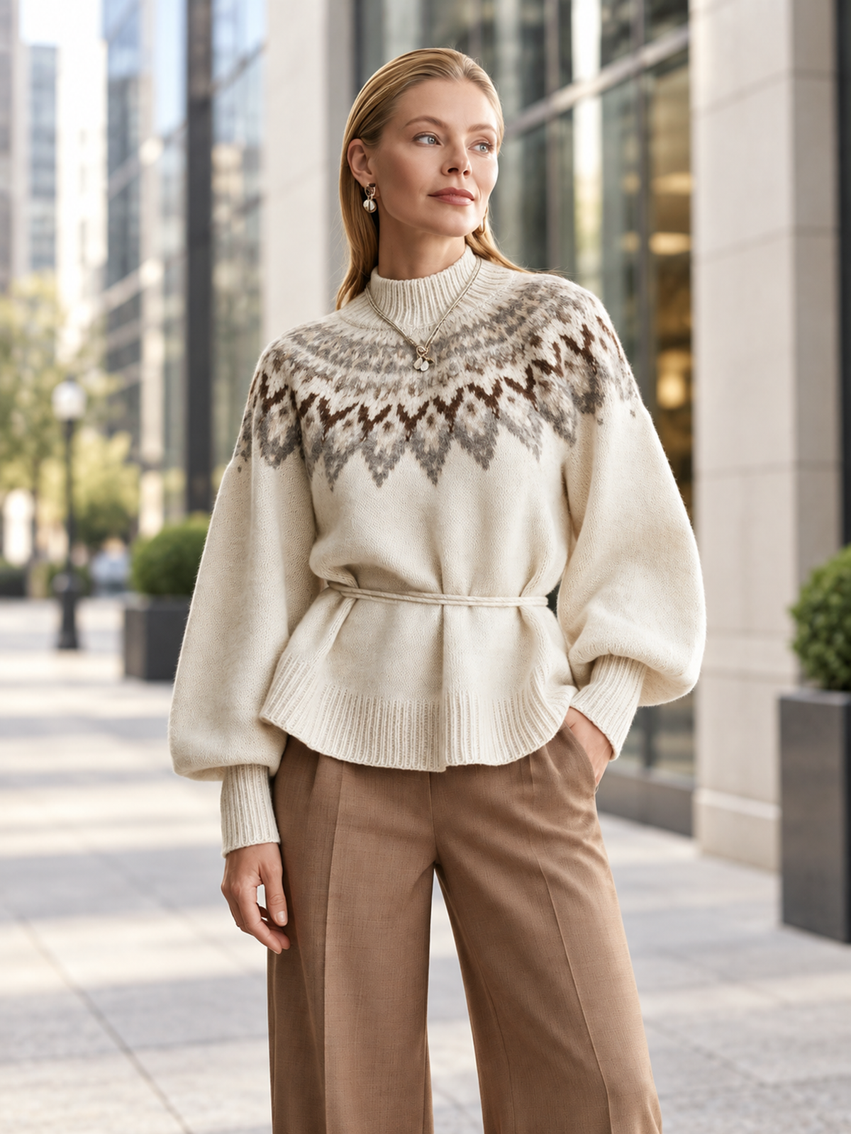 Elegant Ivory & Taupe Fair Isle Wool Knit Sweater