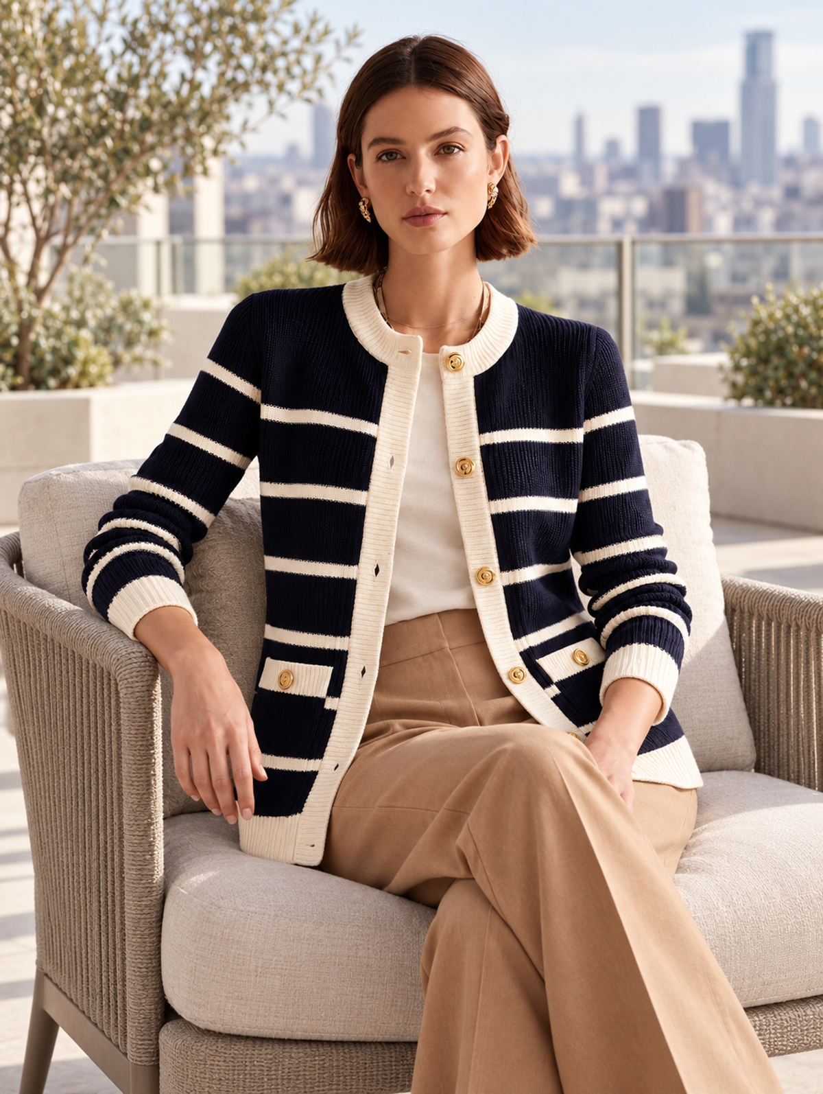 Elegant Navy & Ivory Striped Wool Knit Cardigan