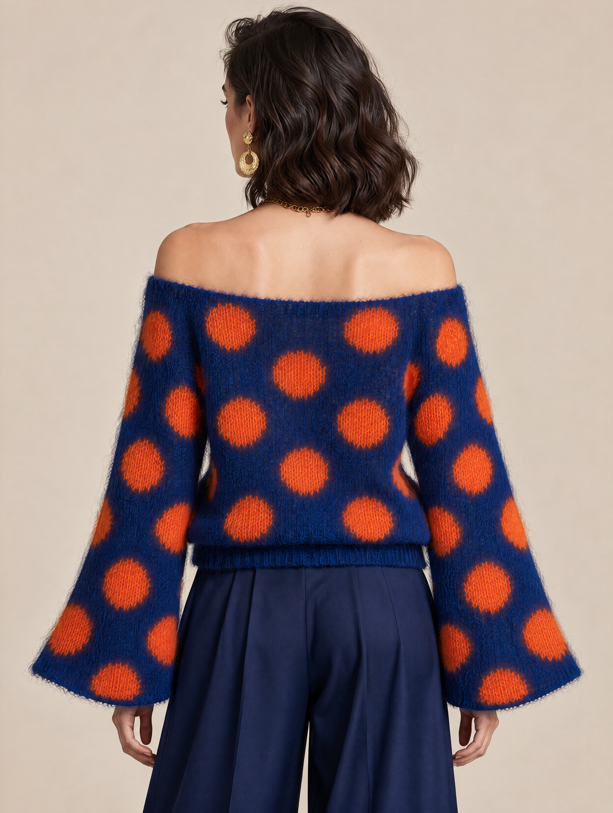 Navy And Orange Polka-dot Color-block Sweater With Flared Sleeves