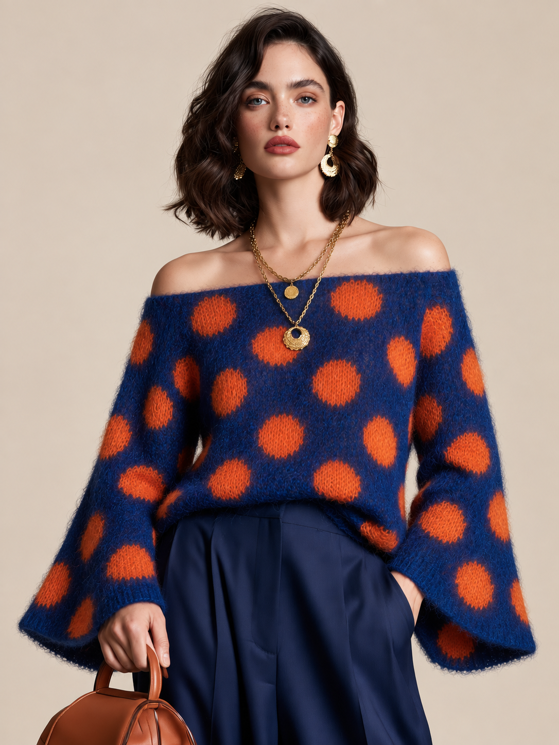 Navy And Orange Polka-dot Color-block Sweater With Flared Sleeves