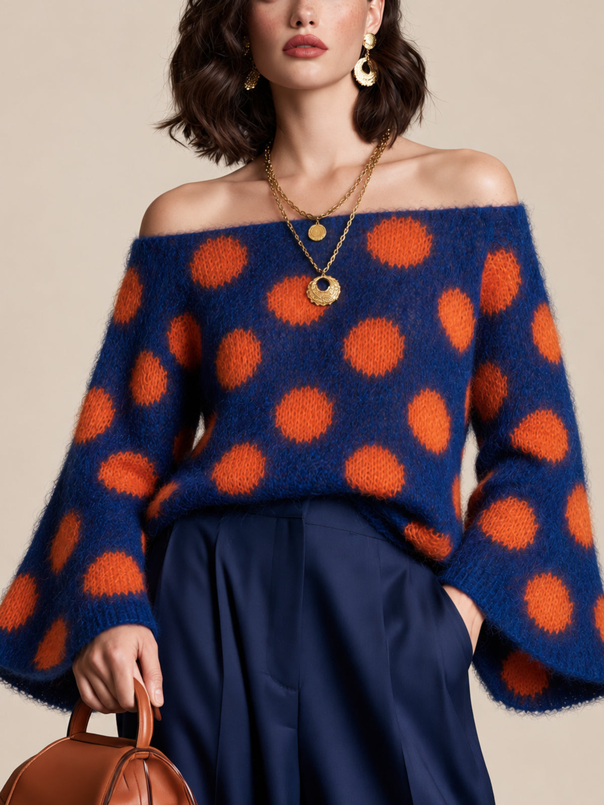 Navy And Orange Polka-dot Color-block Sweater With Flared Sleeves