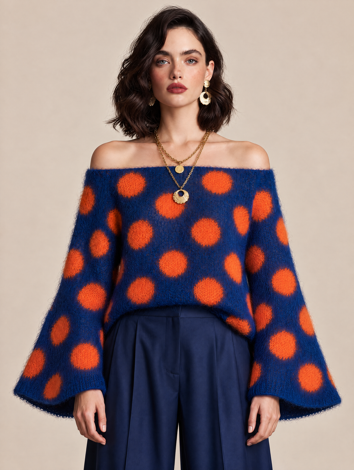 Navy And Orange Polka-dot Color-block Sweater With Flared Sleeves