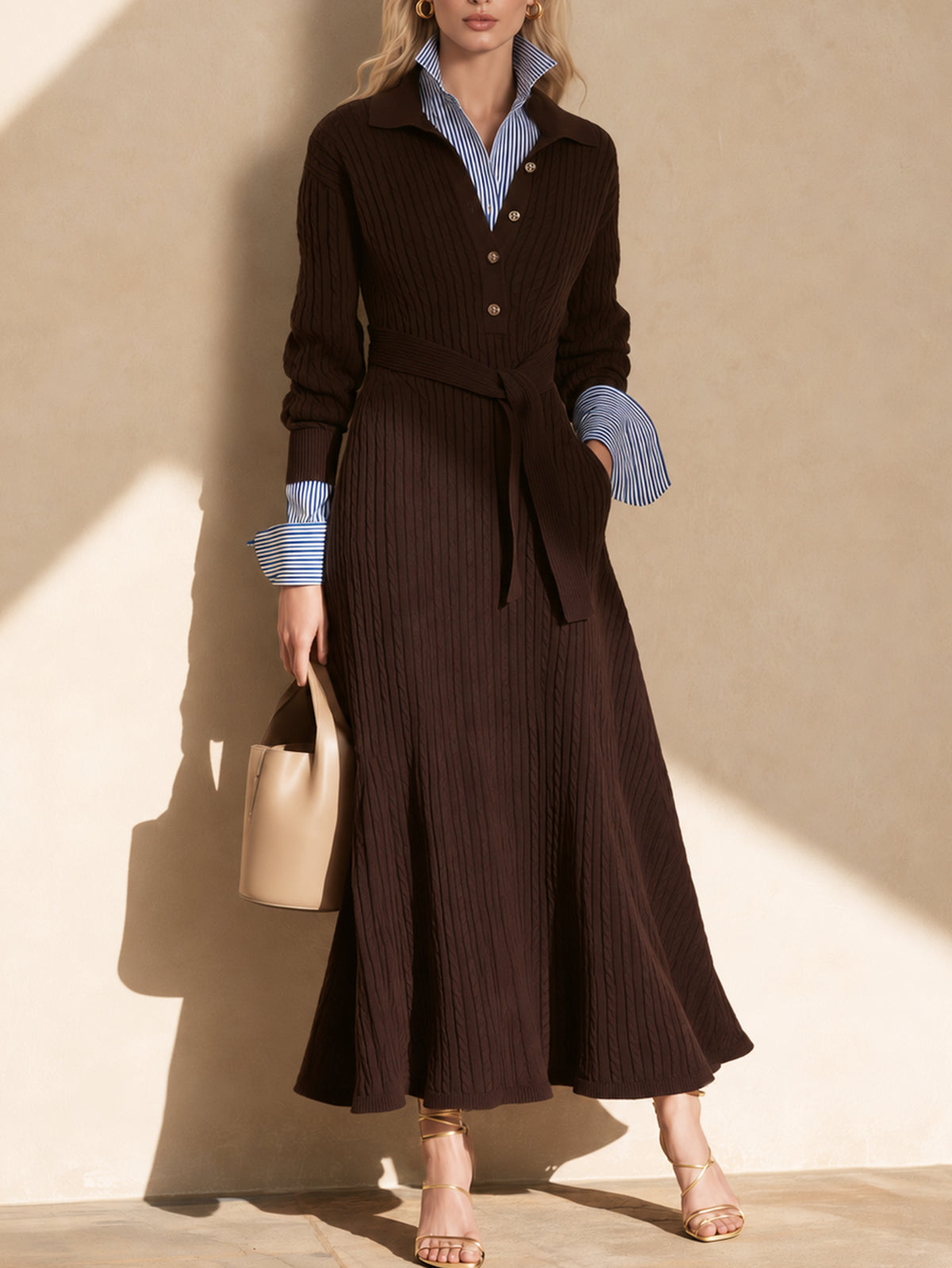 Chocolate Brown Cable Knit Belted Maxi Dress With Polo Collar