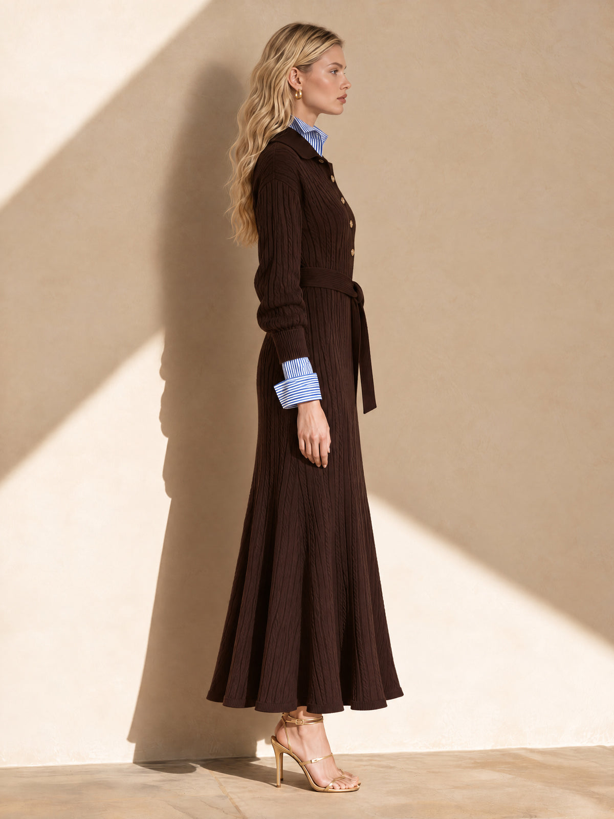 Chocolate Brown Cable Knit Belted Maxi Dress With Polo Collar