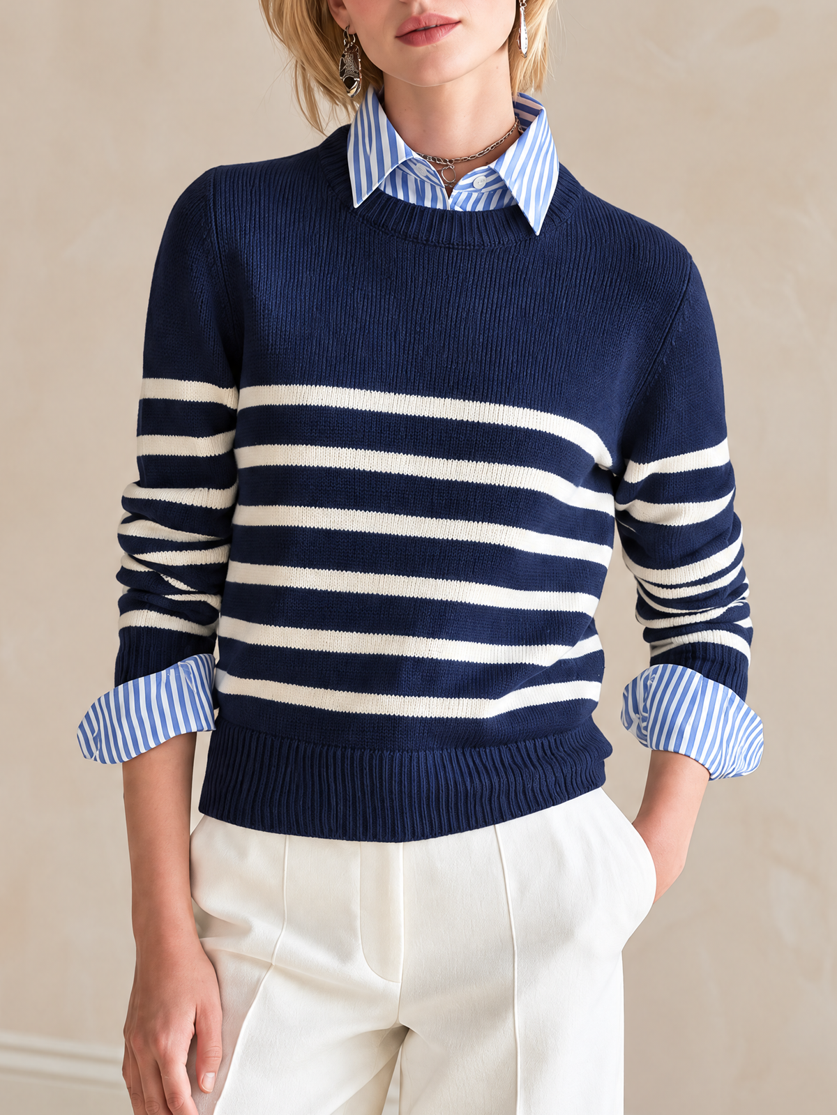Navy Ivory Striped Shirt-Panel Faux-Layer Wool Knit Top
