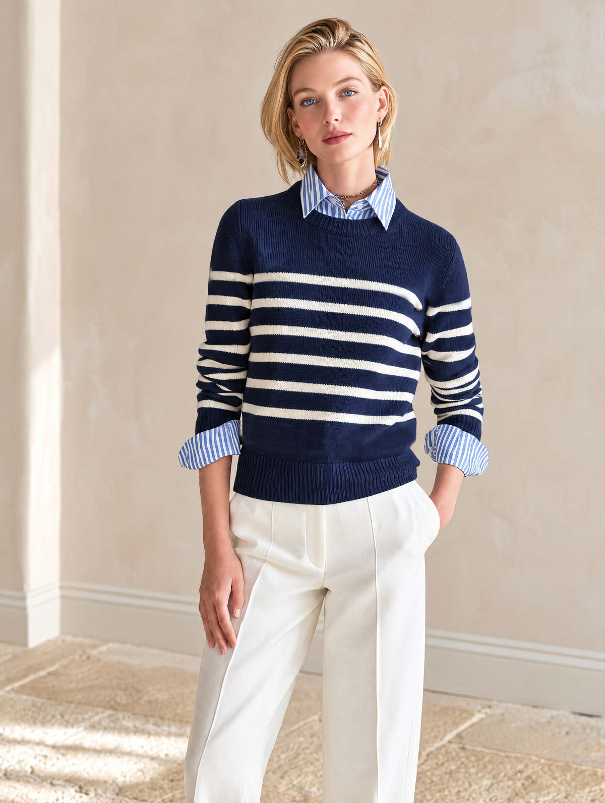 Navy Ivory Striped Shirt-Panel Faux-Layer Wool Knit Top