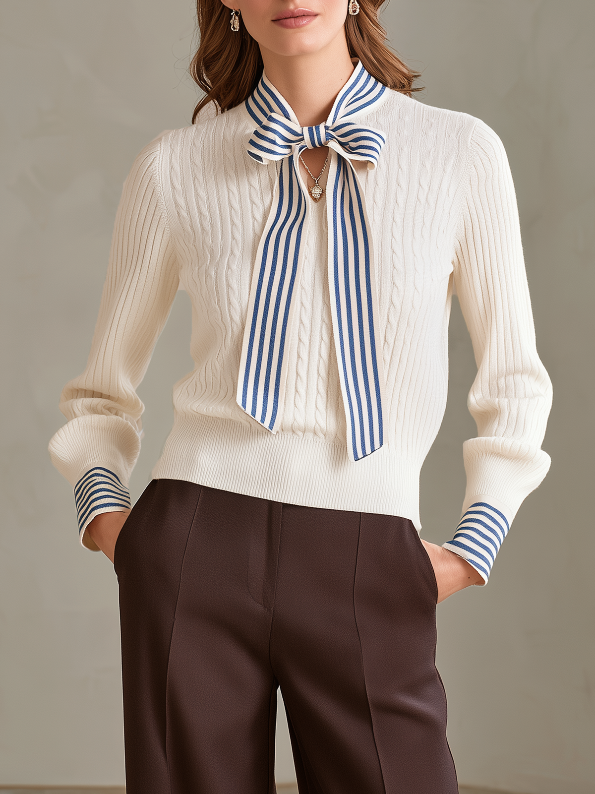 Ivory Blue Striped Bow-Neck Wool Knit Top