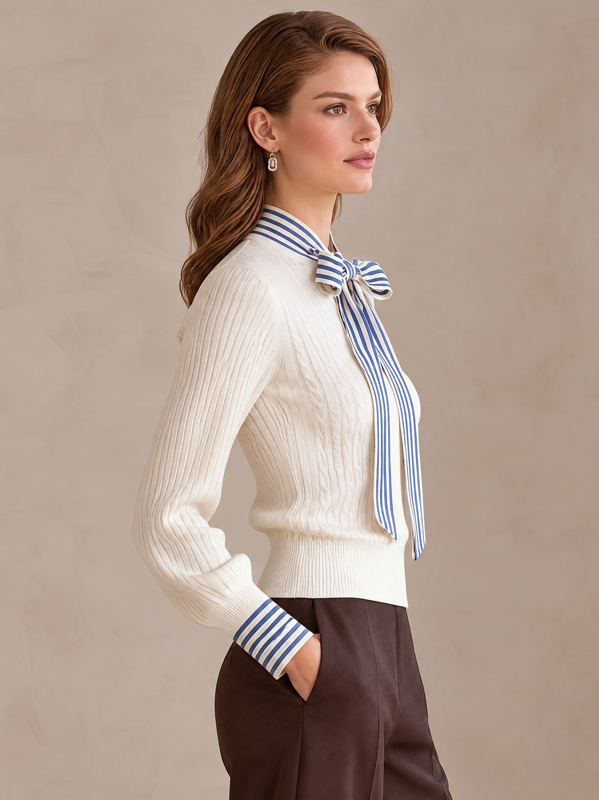 Ivory Blue Striped Bow-Neck Wool Knit Top