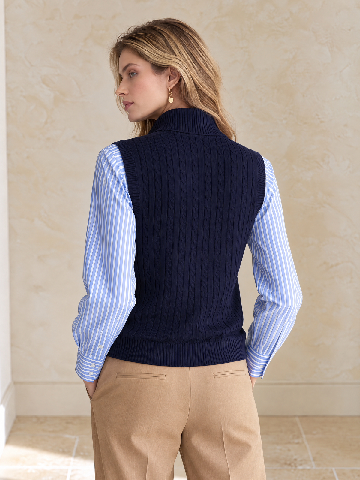 Navy Striped-Sleeve Faux-Layer Wool Knit Top