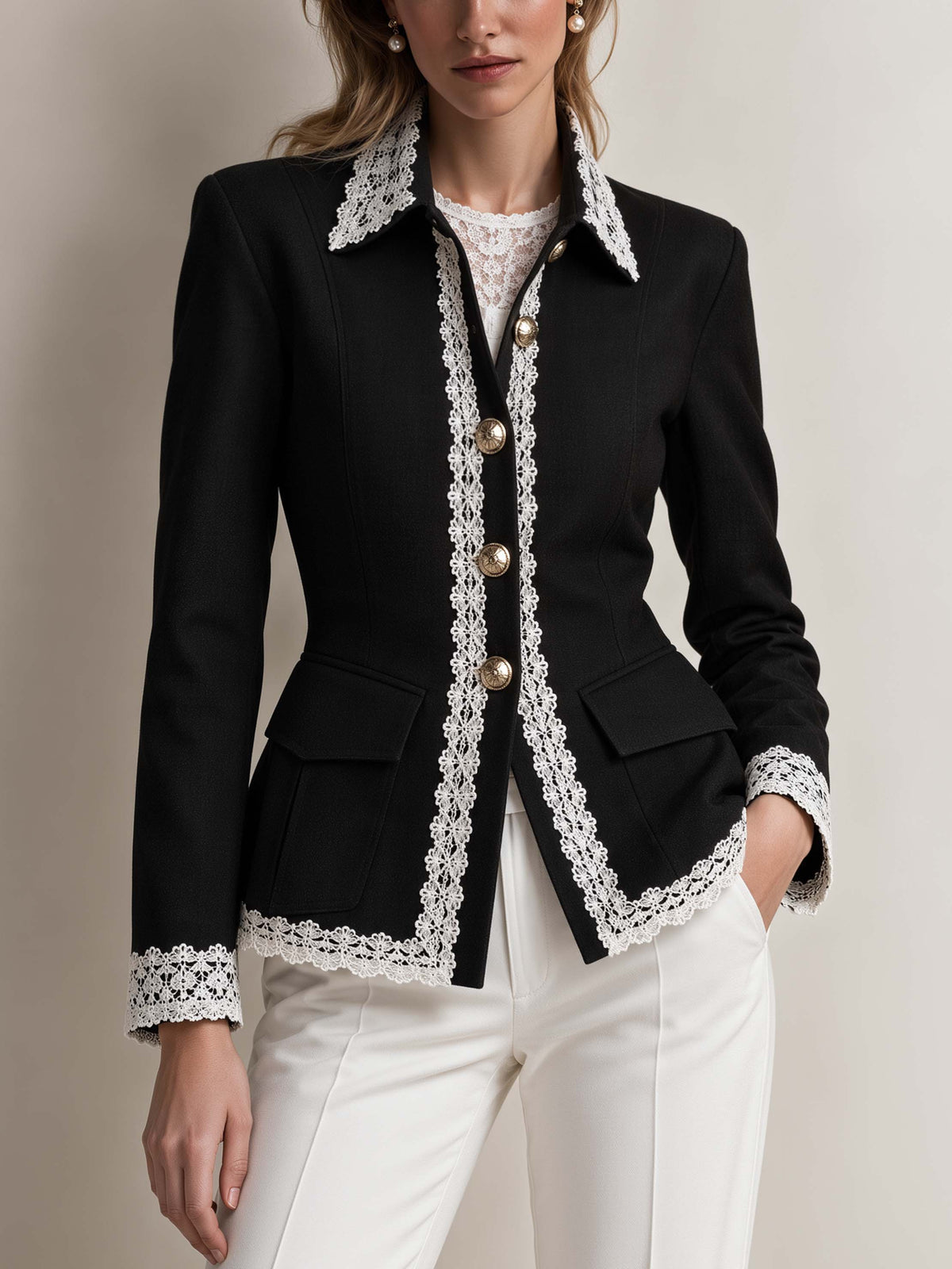 Lace Trim Fitted Point Collar Blazer