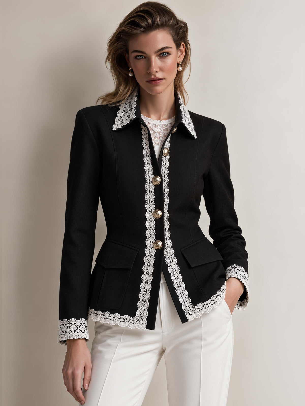 Lace Trim Fitted Point Collar Blazer