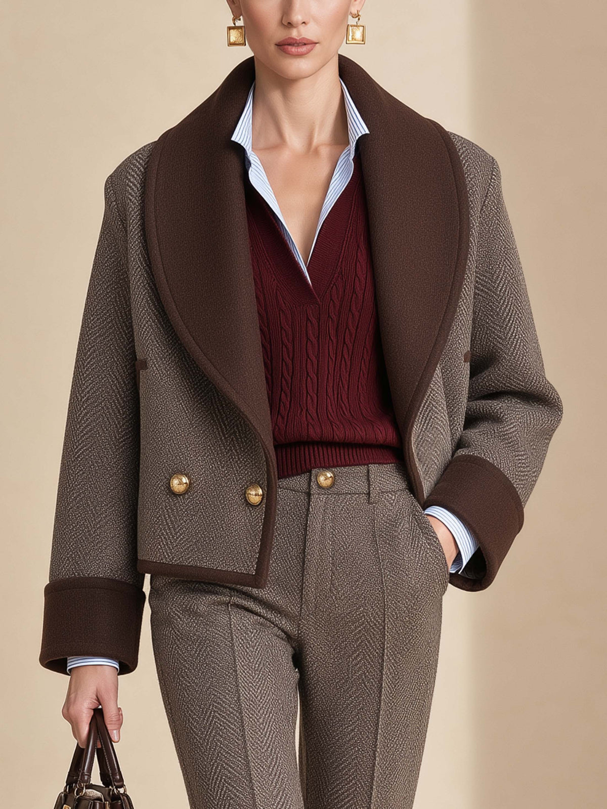 Herringbone Contrast Shawl Collar Short Wool Coat