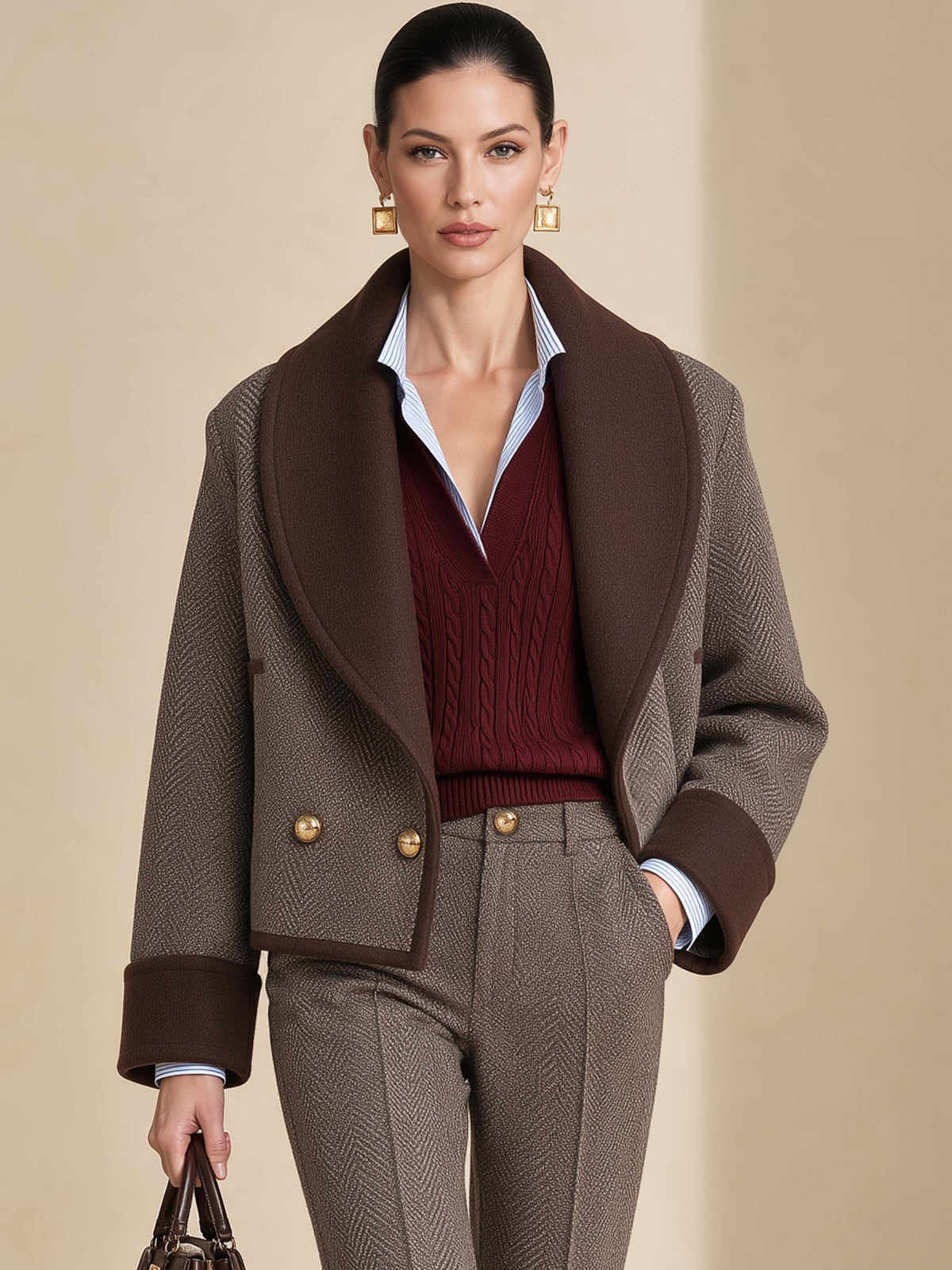 Herringbone Contrast Shawl Collar Short Wool Coat