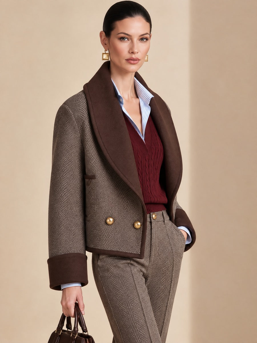 Herringbone Contrast Shawl Collar Short Wool Coat