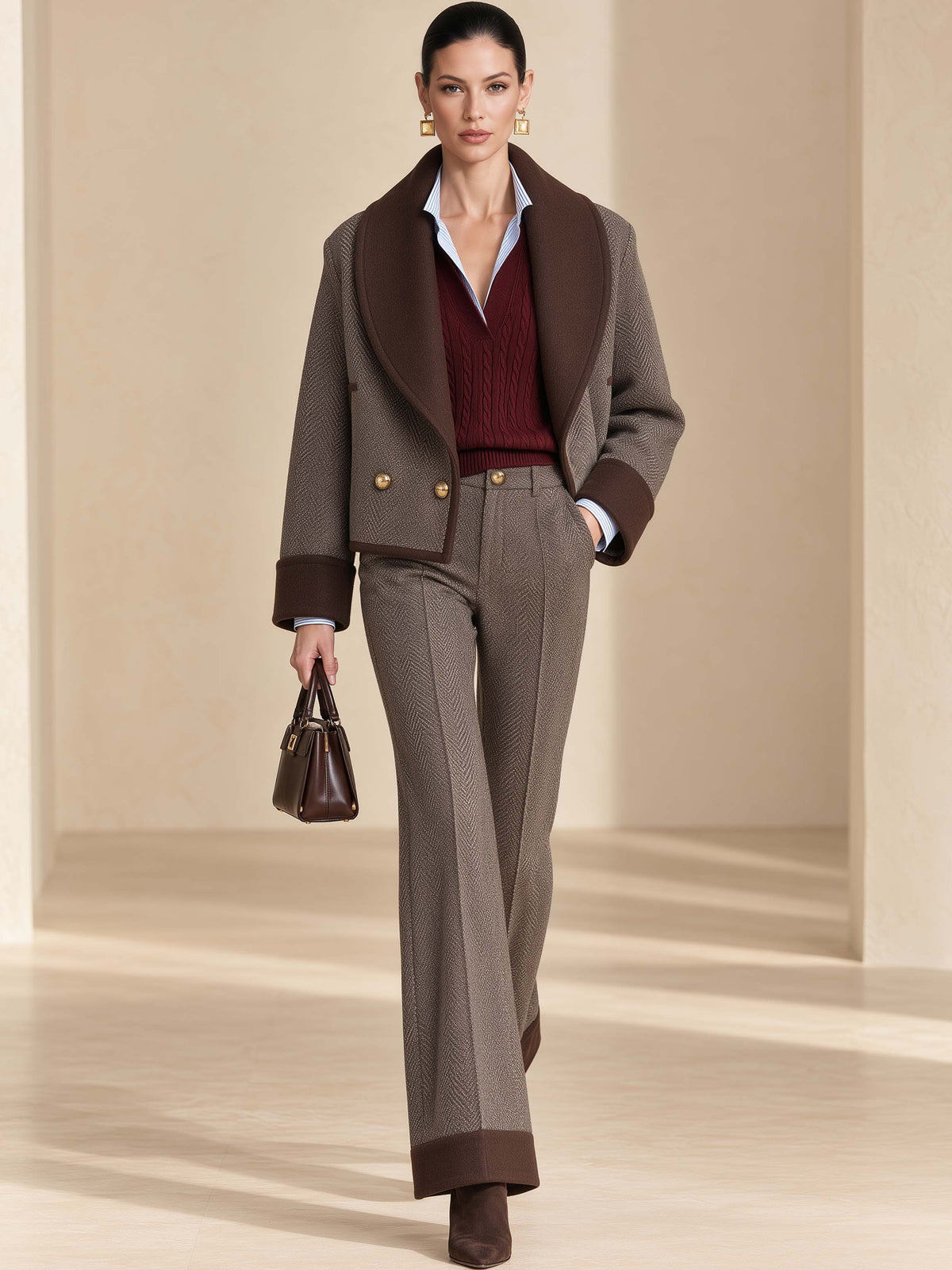 Herringbone Wool Blend Pants Contrast Hem High Waist Tailored Trousers