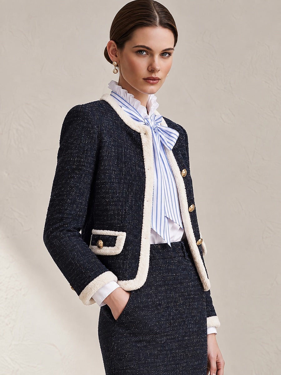 Round Neck Tweed Fleece Piping Gold Button Jacket