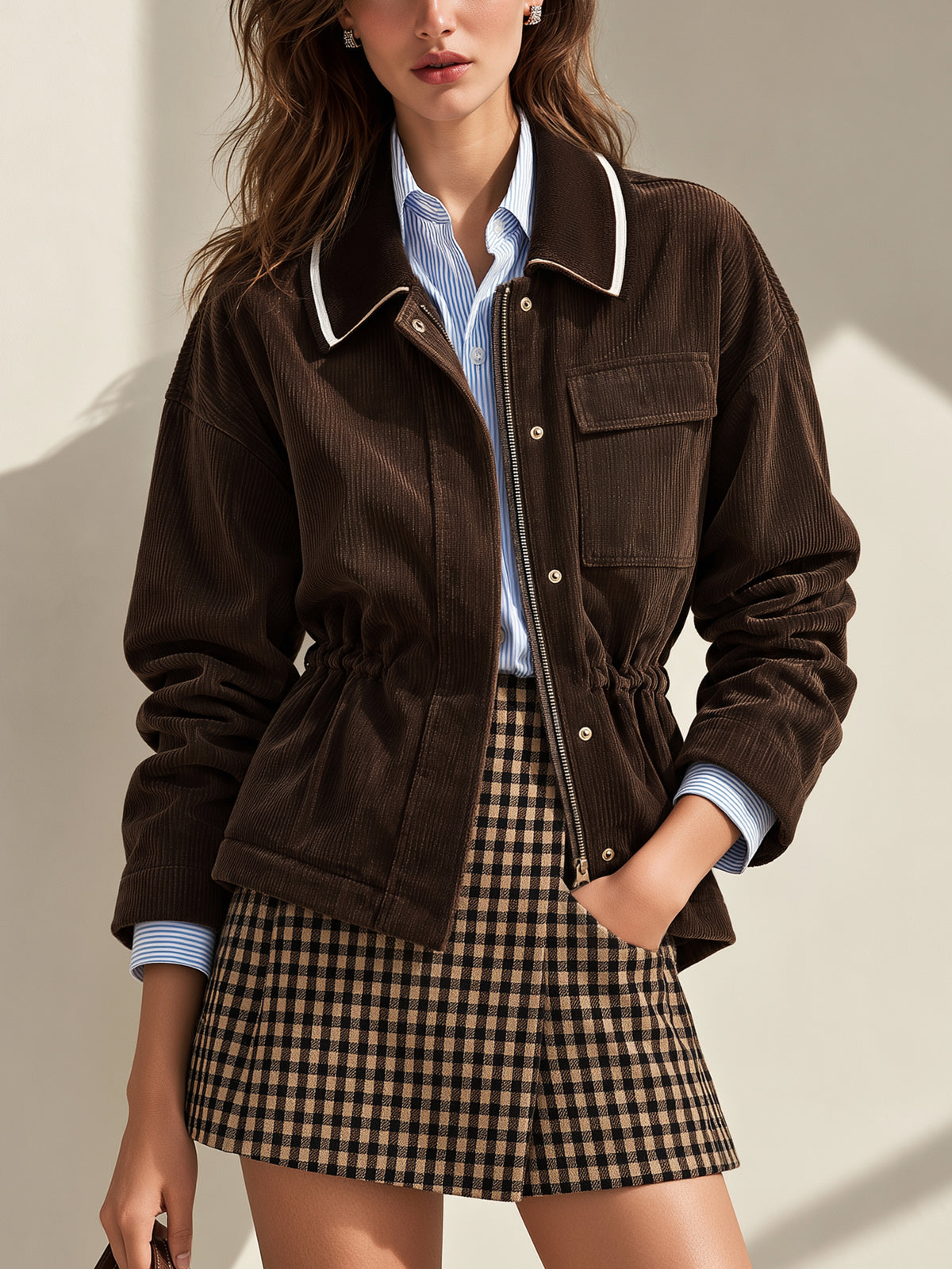 Dark Brown Corduroy Cinched Waist Jacket Outerwear