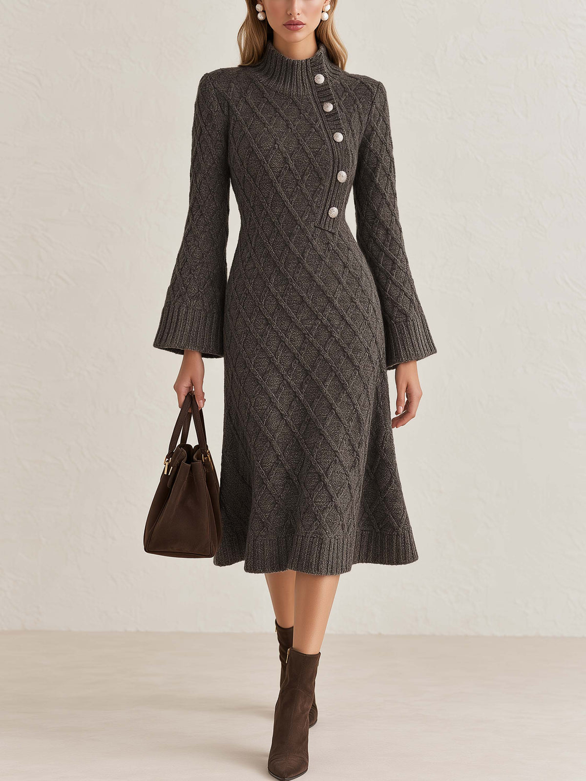 Dark Grey Diamond Knit Dress Mock Neck Flared Sleeve Elegant Midi Dress