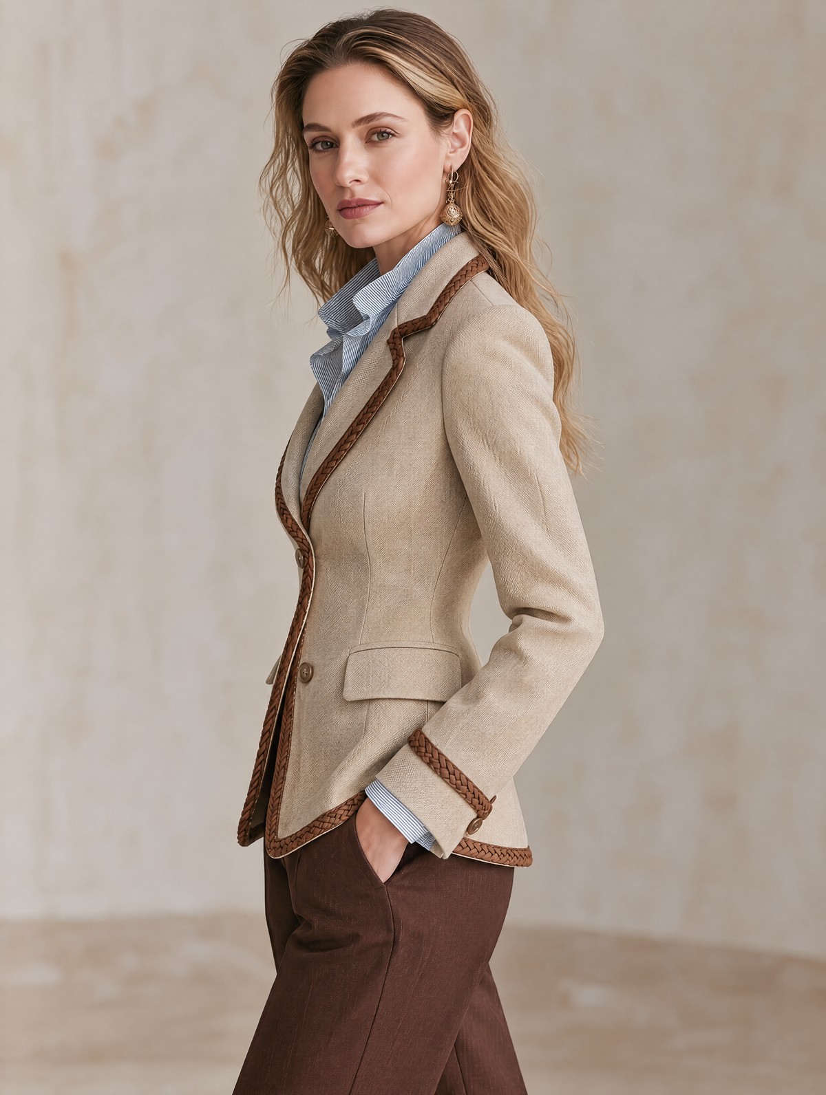 Beige Blazer With Brown Braided Trim